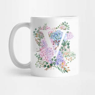 botanical monogram alphabet V hydrangea flowers Mug